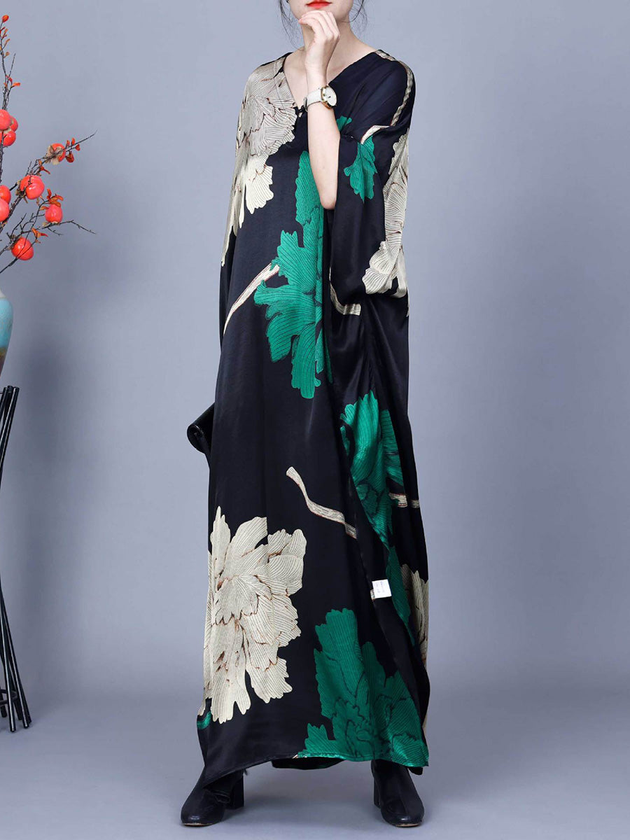 Women Spring Flower Print Irregular V-Neck Maxi Dress