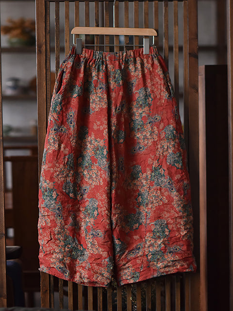 Women Vintage Floral Worn Spring Wide-leg Pants