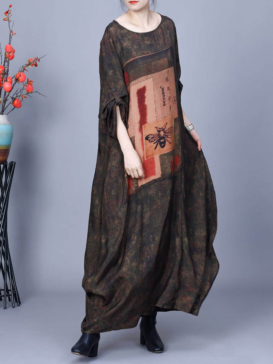 Women Spring Vintage Spliced Print Loose Dress