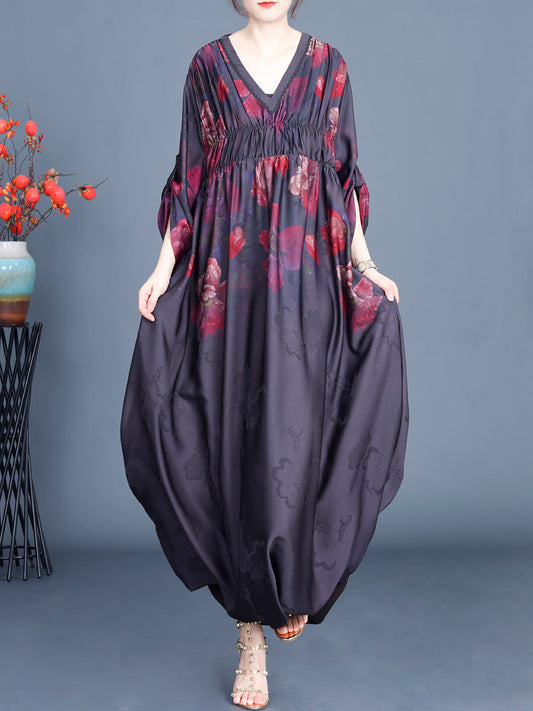 Women Spring Flower V-Neck Shirred Maxi Dress