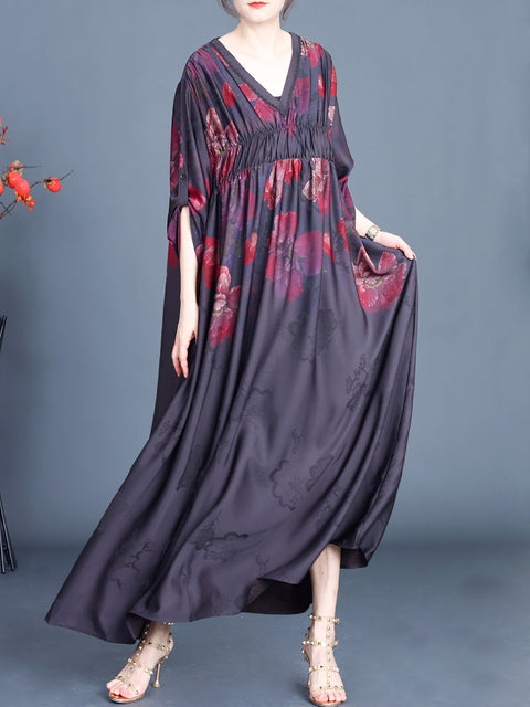 Women Spring Flower V-Neck Shirred Maxi Dress