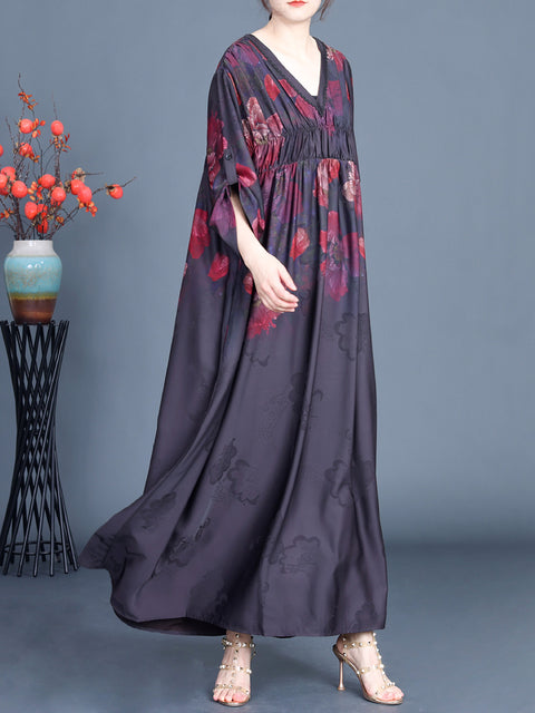 Women Spring Flower V-Neck Shirred Maxi Dress