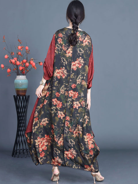 Women Ethnic Irregular Flower Spliced Loose Dress