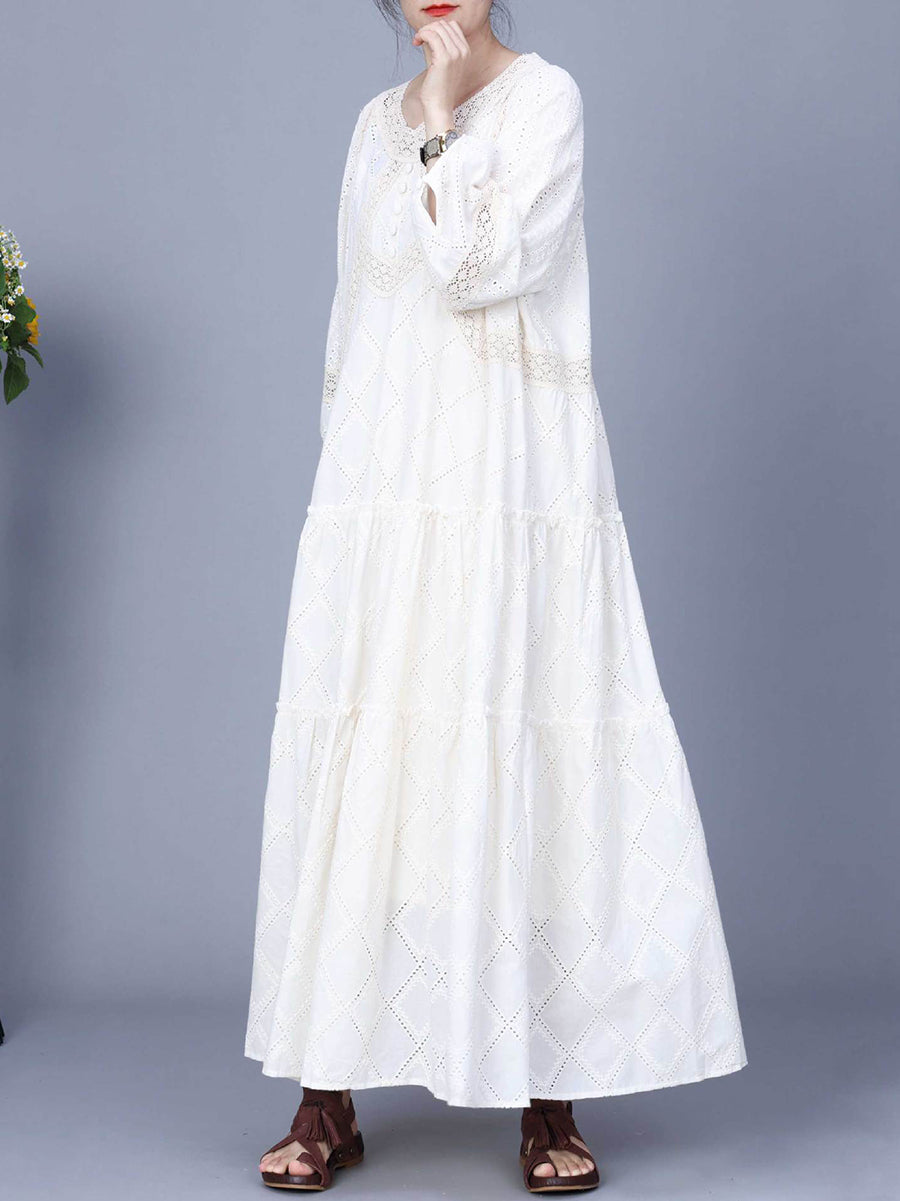 Women Spring Rhomboids Embroidery Loose Cotton Dress+Vest