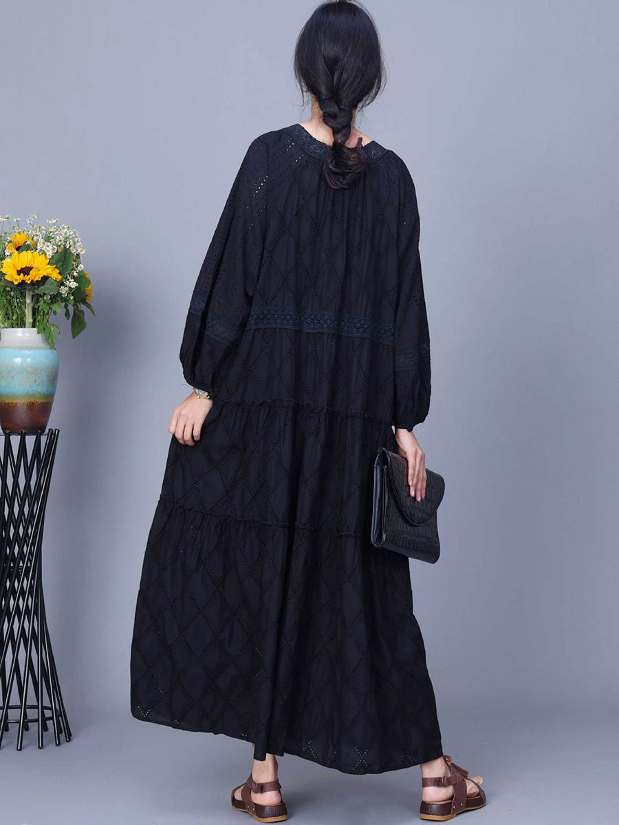 Women Spring Rhomboids Embroidery Loose Cotton Dress+Vest