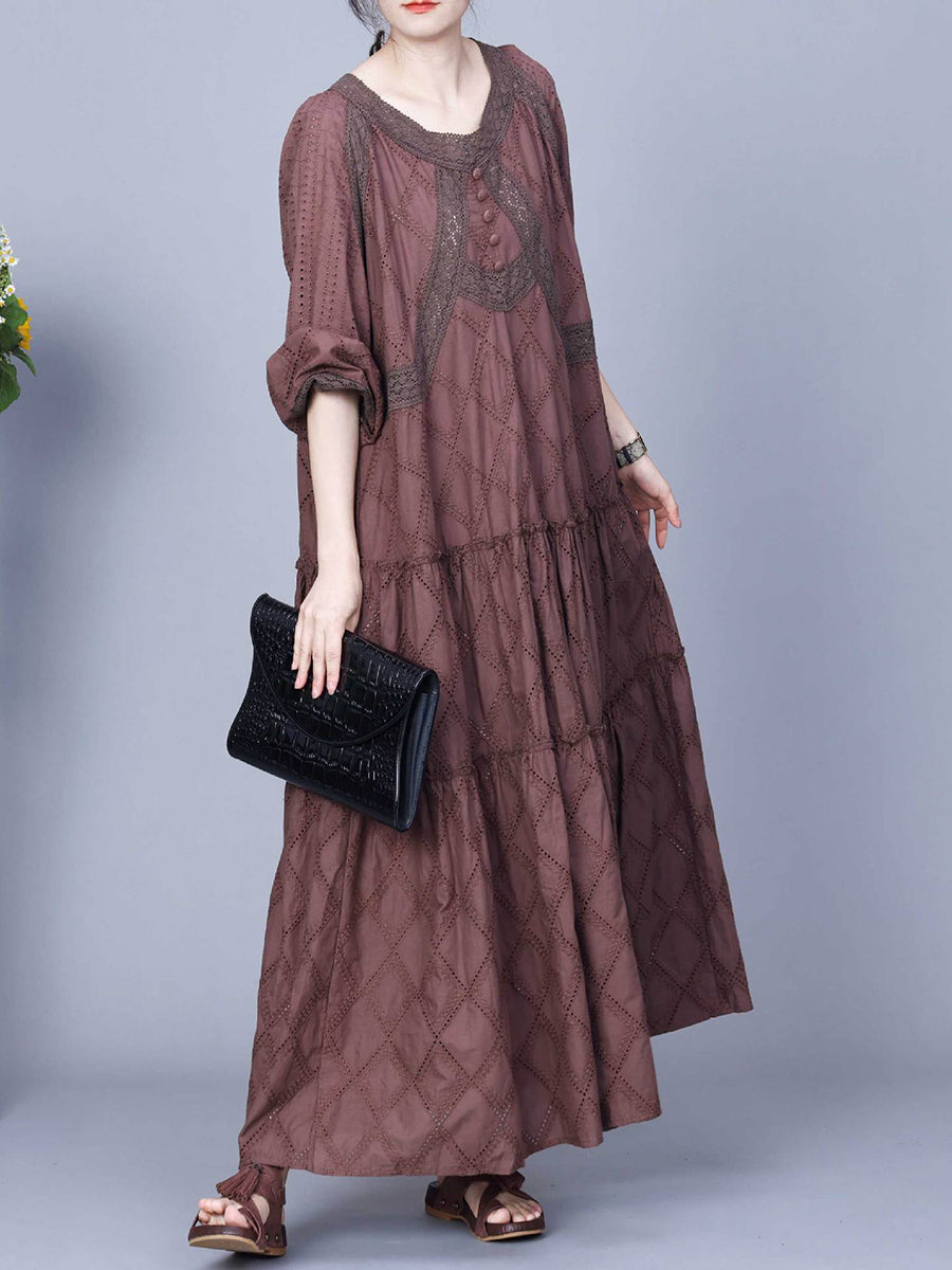 Women Spring Rhomboids Embroidery Loose Cotton Dress+Vest