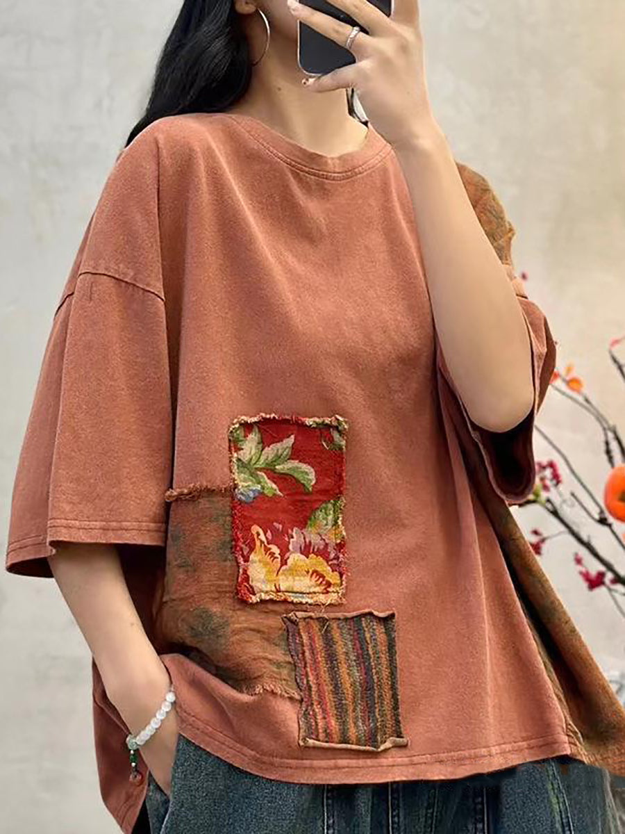 Women Retro Summer Spliced Loose Cotton Shirt