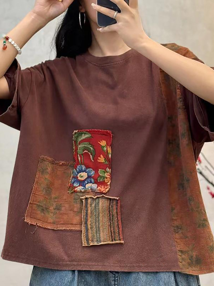 Women Retro Summer Spliced Loose Cotton Shirt