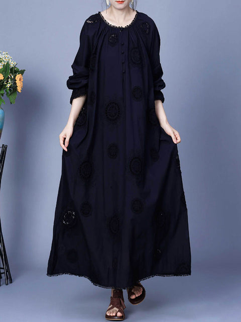 Women Artsy Spring Solid Embroidery Cotton Maxi Dress