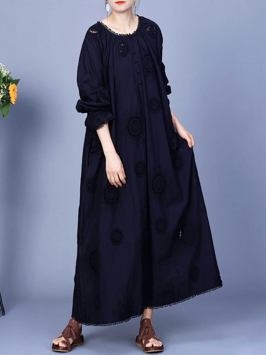 Women Artsy Spring Solid Embroidery Cotton Maxi Dress