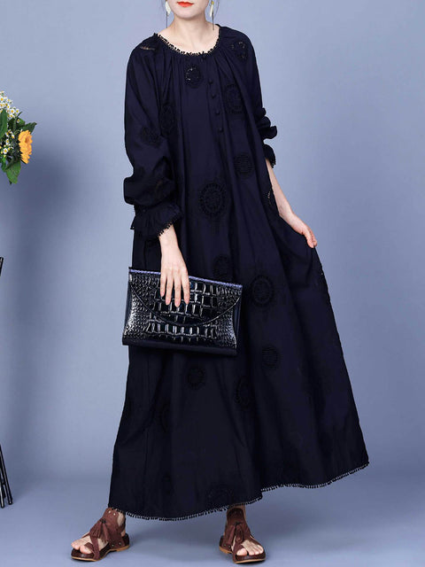 Women Artsy Spring Solid Embroidery Cotton Maxi Dress