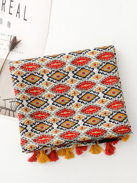 Women Ethnic Print Tassel Shawl Scarf