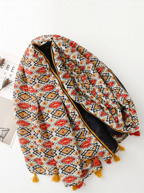 Women Ethnic Print Tassel Shawl Scarf