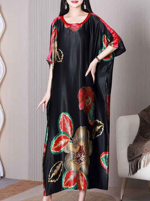 Women Summer Elegant Flower Silk Loose Dress