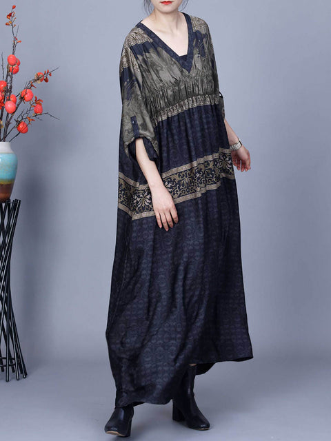 Women Summer Jacquard Spliced Shirred V-Neck Dress