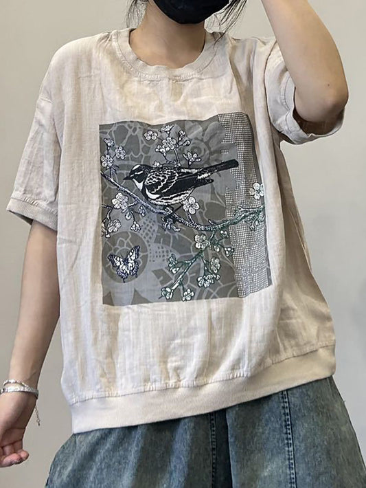 Women Casual Summer Bird Spliced Ramie Shirt