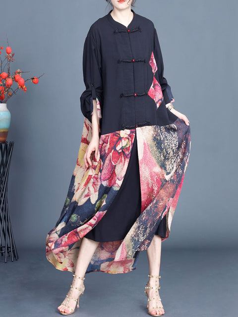 Women Summer Ethnic Flower Spliced Long Shirt Coat