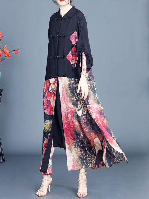 Women Summer Ethnic Flower Spliced Long Shirt Coat