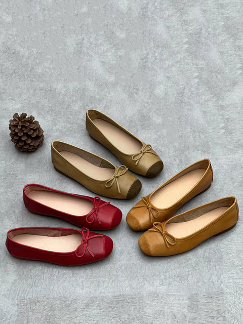 Women Summer Elegant Leather Solid Bowknot Flat Shoes