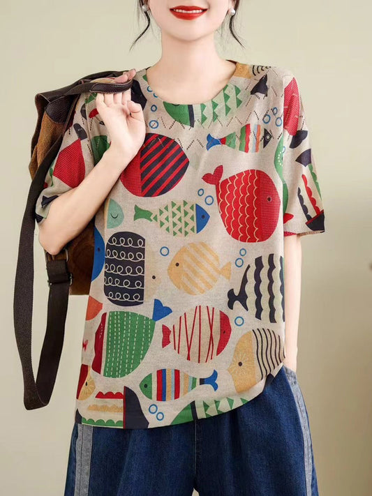 Women Summer Vintage Print Cutout O-Neck Shirt