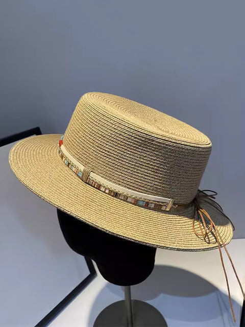 Women Summer Ethnic Straw Flat Top Travel Hat