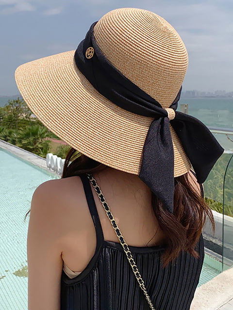 Women Summer Straw Colorblock Sunproof Travel Hat