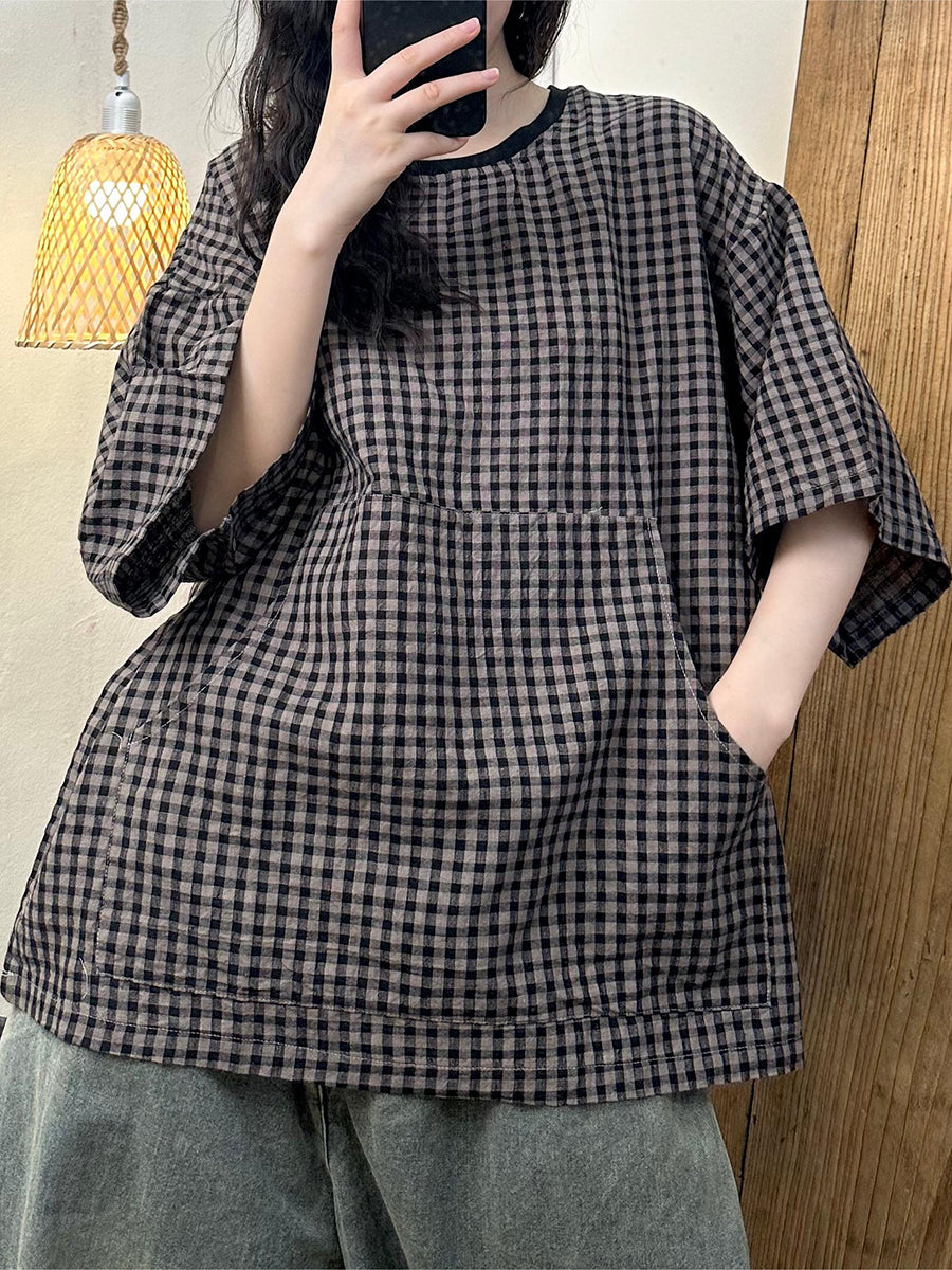 Women Summer Retro Plaid O-Neck Pocket Loose Shirt