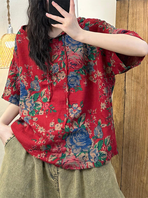 Plus Size Women Summer Retro Print Cotton Hooded Shirt