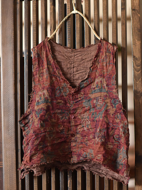 Women Vintage Floral Button-up Raw-edge Linen Vest