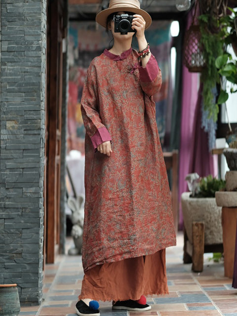 Women Summer Vintage Floral Spliced Ramie Dress