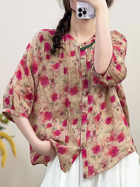 Women Summer Vintage Floral Shirred Button-up Linen Shirt