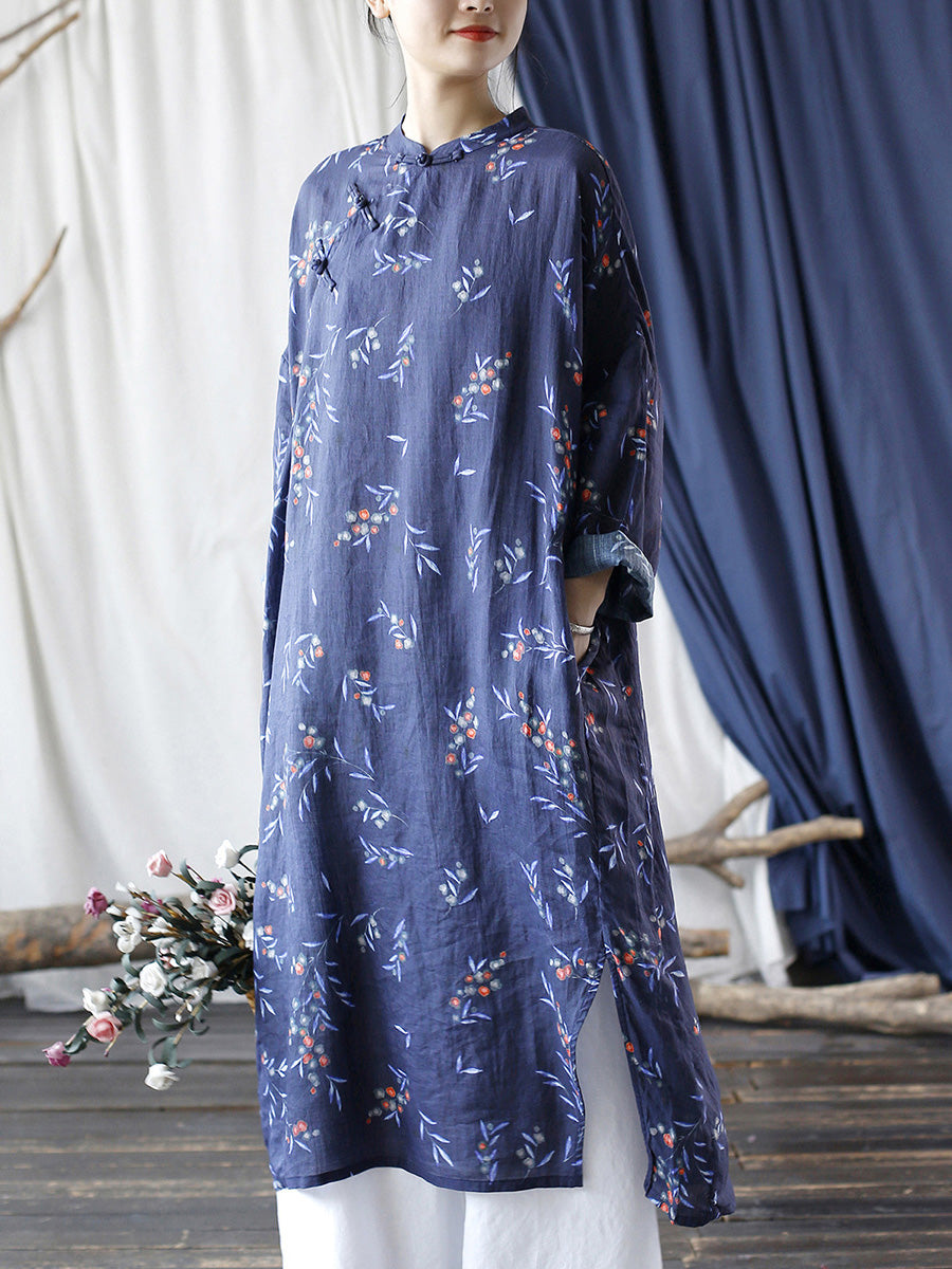 Women Ethnic Floral Split Hem Stand Collar Ramie Robe Dress