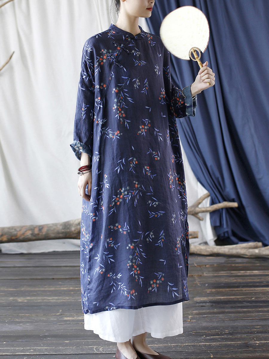 Women Ethnic Floral Split Hem Stand Collar Ramie Robe Dress