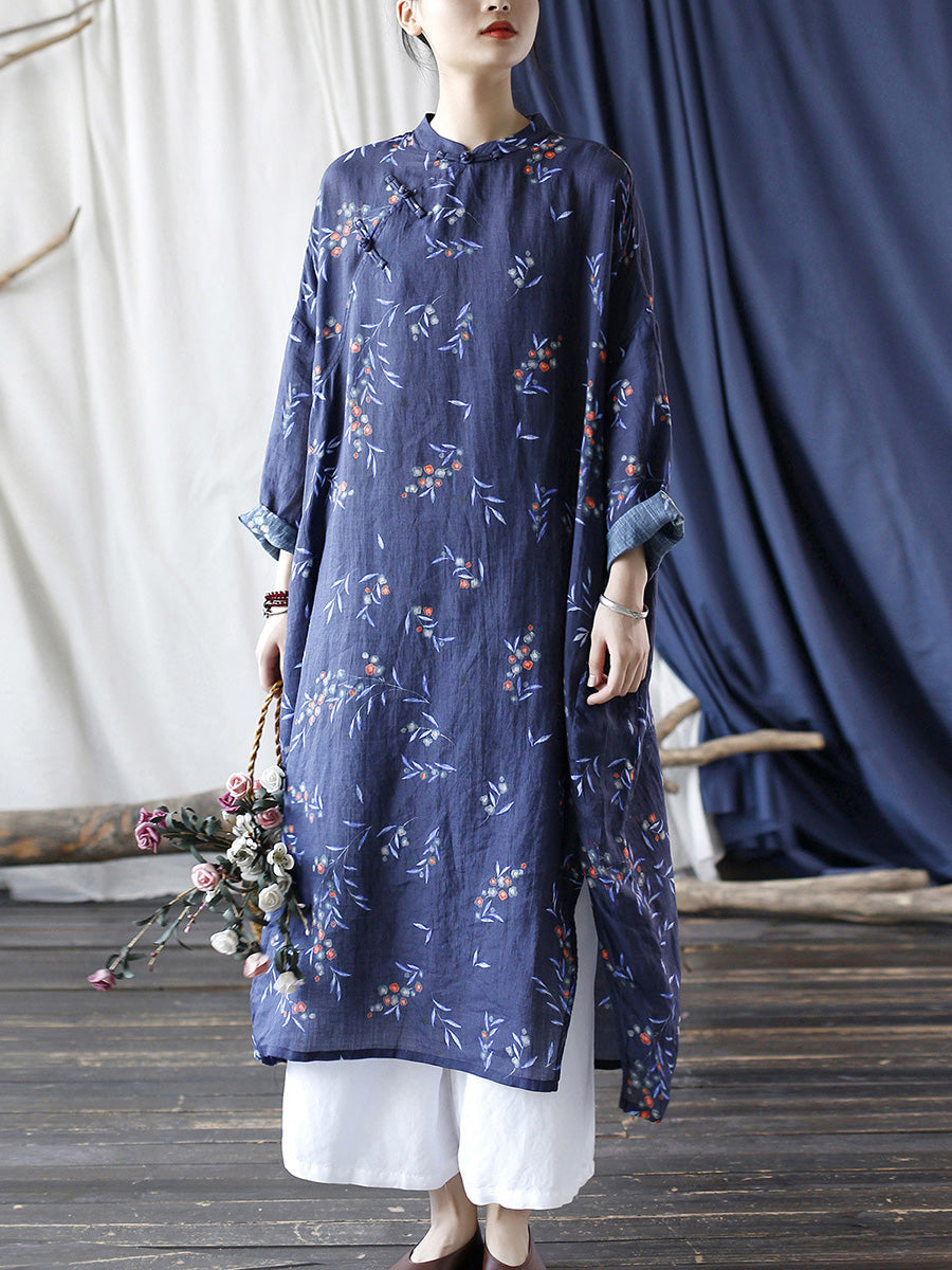 Women Ethnic Floral Split Hem Stand Collar Ramie Robe Dress