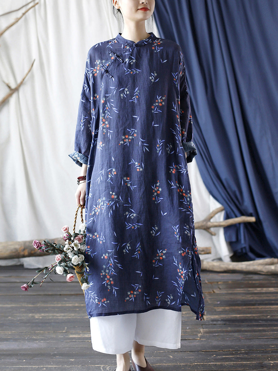 Women Ethnic Floral Split Hem Stand Collar Ramie Robe Dress