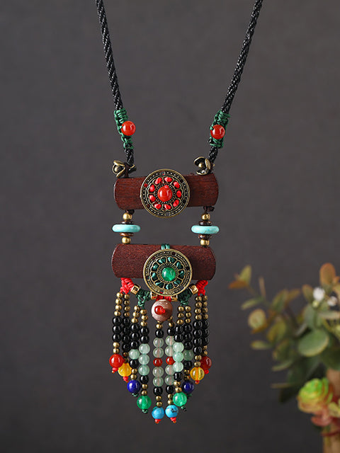 Women Ethnic Wooden Alloy Flower Tassel Pandent Necklace