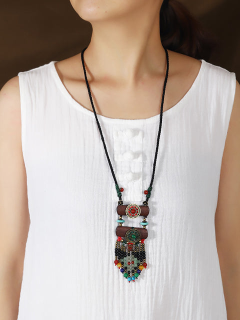 Women Ethnic Wooden Alloy Flower Tassel Pandent Necklace