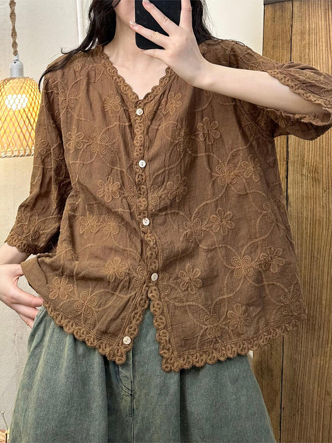 Women Summer Vintage Flower Embroidery Shirt