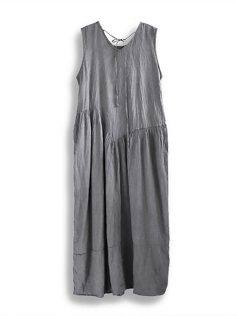 Women Retro Summer Solid Cotton Spliced O-Neck Vest Dress