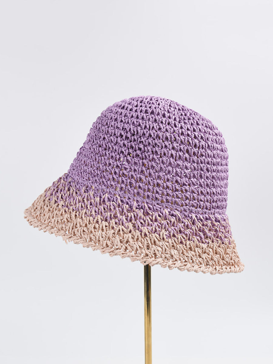 Women Summer Artsy Colorblock Straw Weave Sunproof Hat