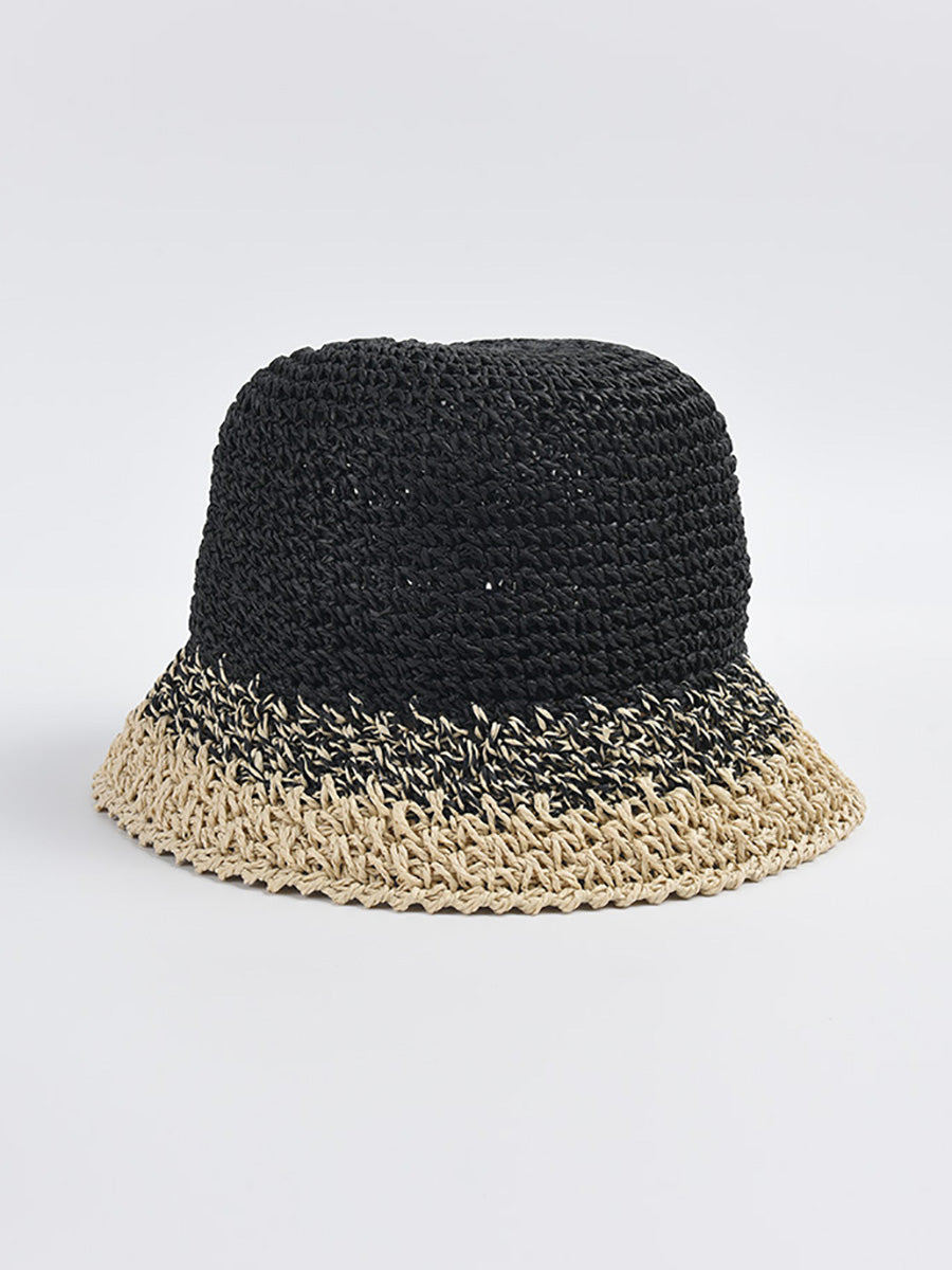 Women Summer Artsy Colorblock Straw Weave Sunproof Hat