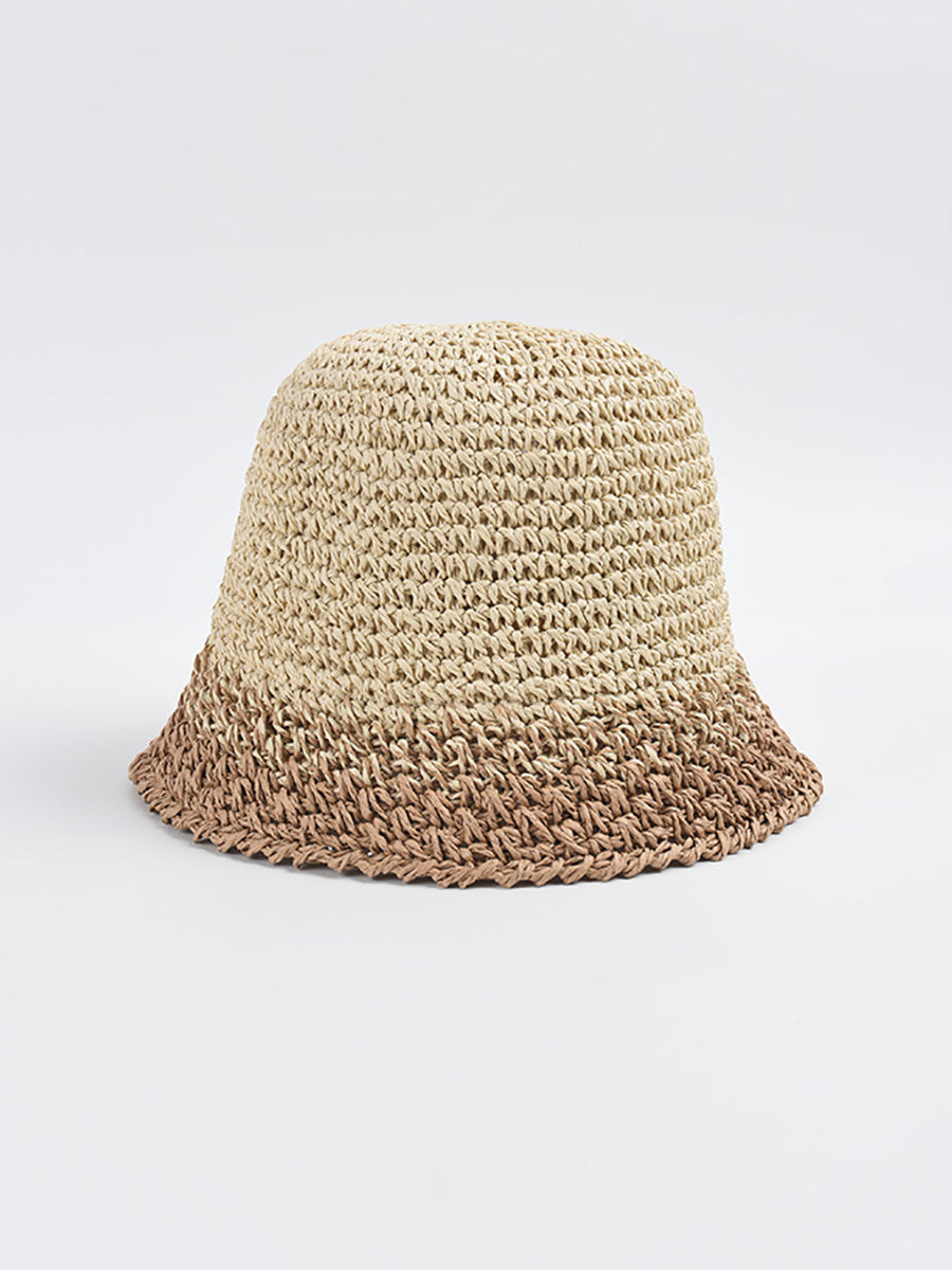 Women Summer Artsy Colorblock Straw Weave Sunproof Hat