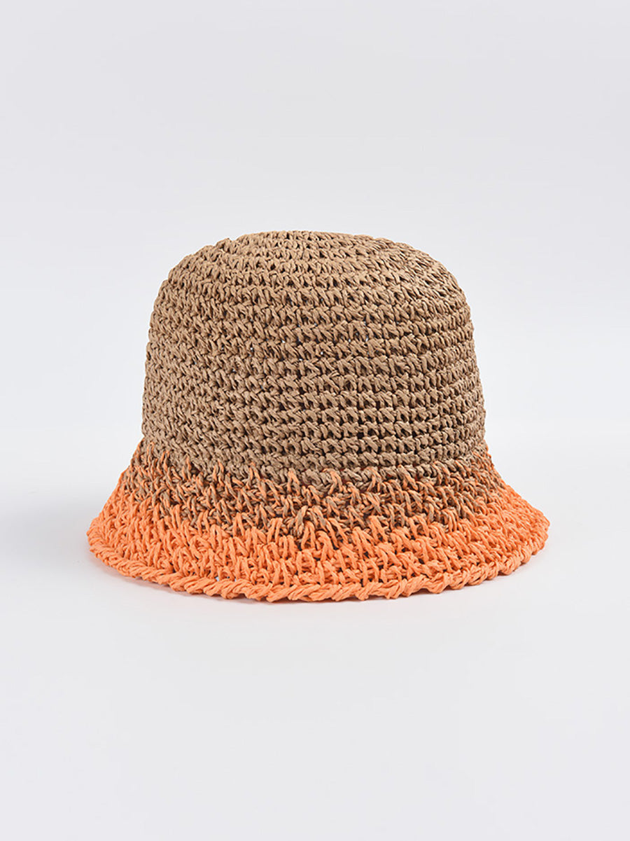 Women Summer Artsy Colorblock Straw Weave Sunproof Hat