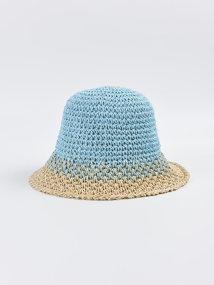 Women Summer Artsy Colorblock Straw Weave Sunproof Hat