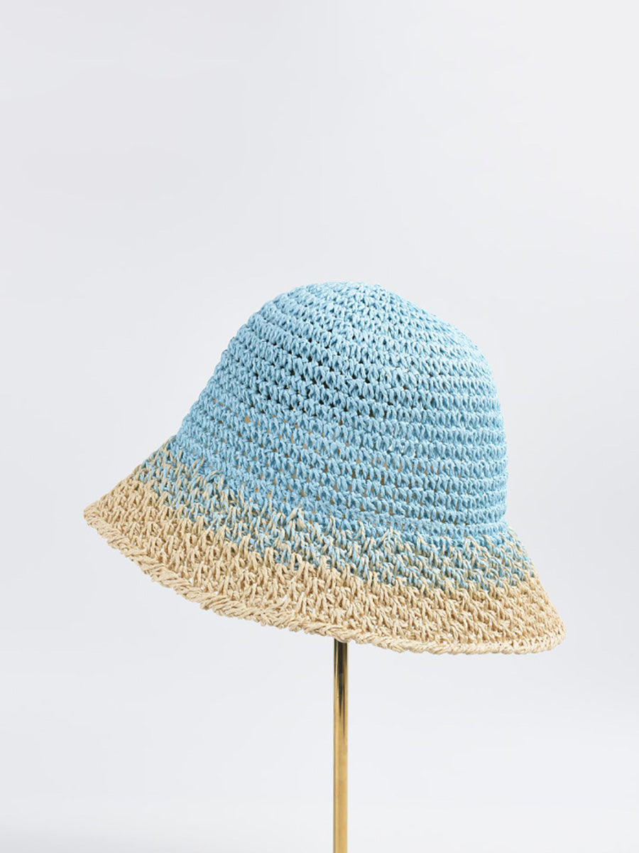 Women Summer Artsy Colorblock Straw Weave Sunproof Hat