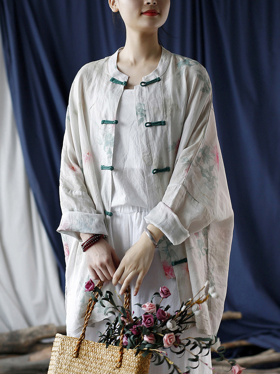 Women Summer Ethnic Flower Button-up Ramie Shirt Coat