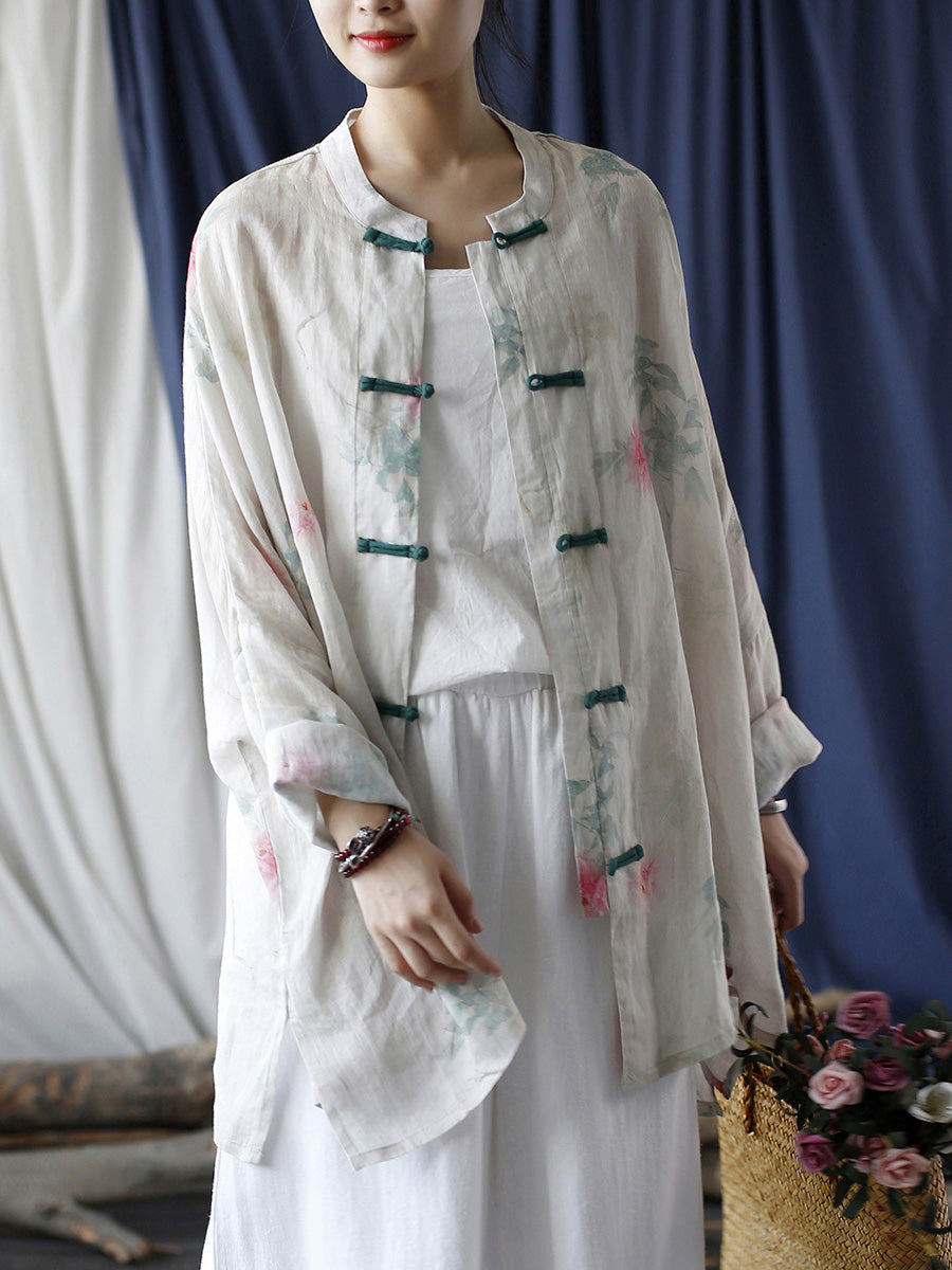 Women Summer Ethnic Flower Button-up Ramie Shirt Coat