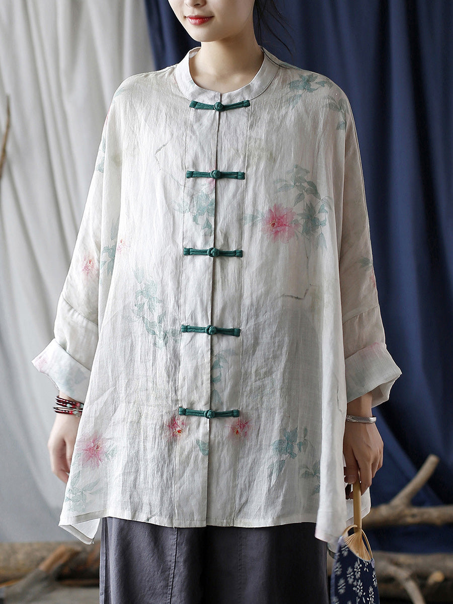 Women Summer Ethnic Flower Button-up Ramie Shirt Coat