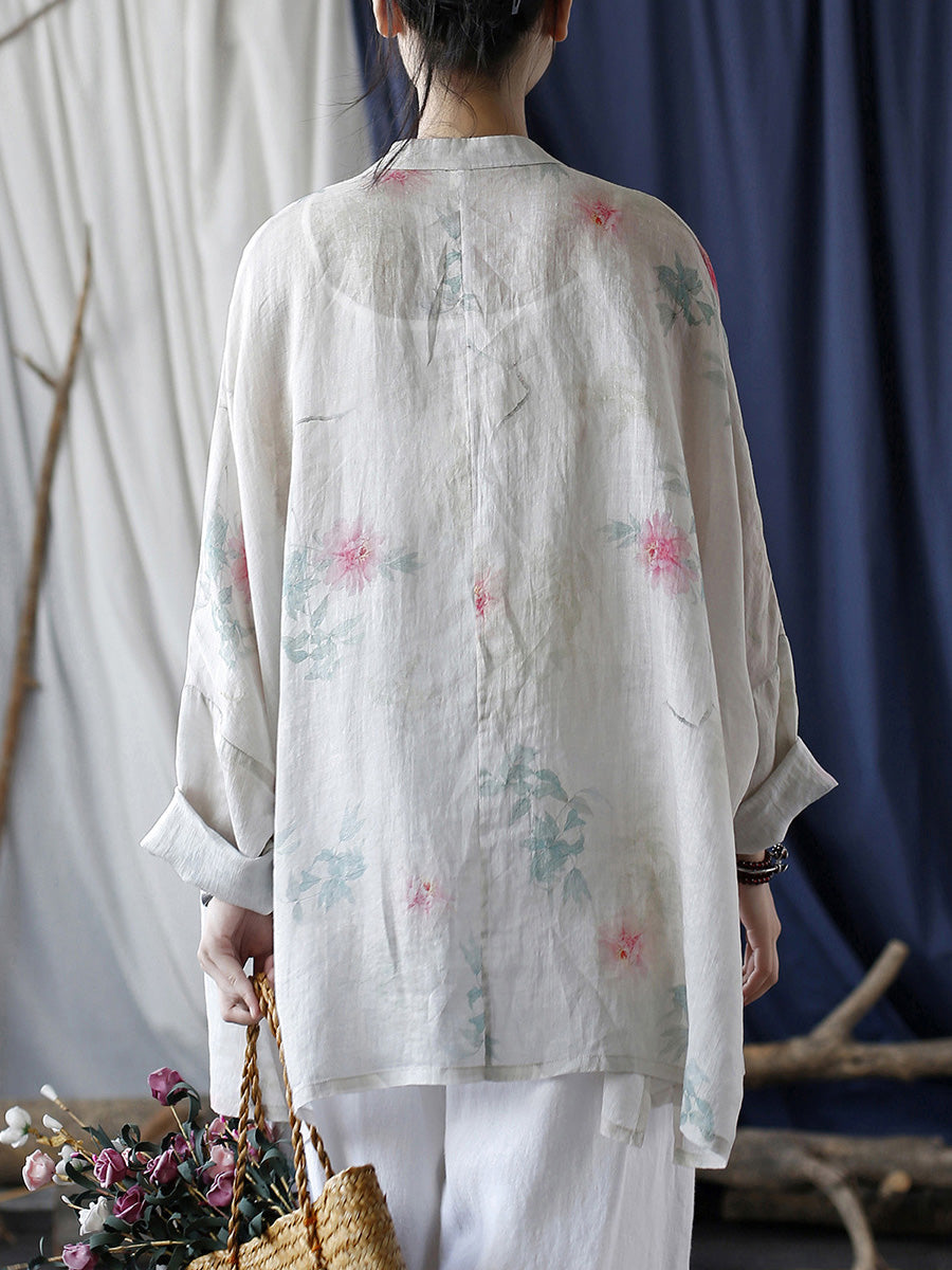 Women Summer Ethnic Flower Button-up Ramie Shirt Coat