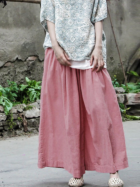 Women Summer Retro Pink Wide-leg Cotton Linen Pants